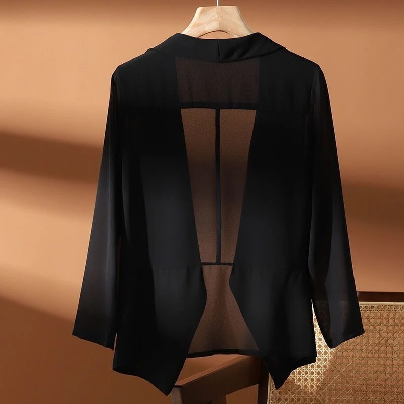 3512 Black White See Through Chiffon Jacket Women Thin Sexy Short
