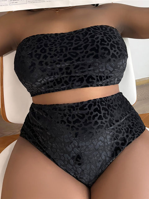 0XL - 4XL Leopard Bikini Large Size Swimwear Plus Size Women Swimsuit Female Two-pieces Bikini set Bather Bathing Suit V3977B - Black, XXL