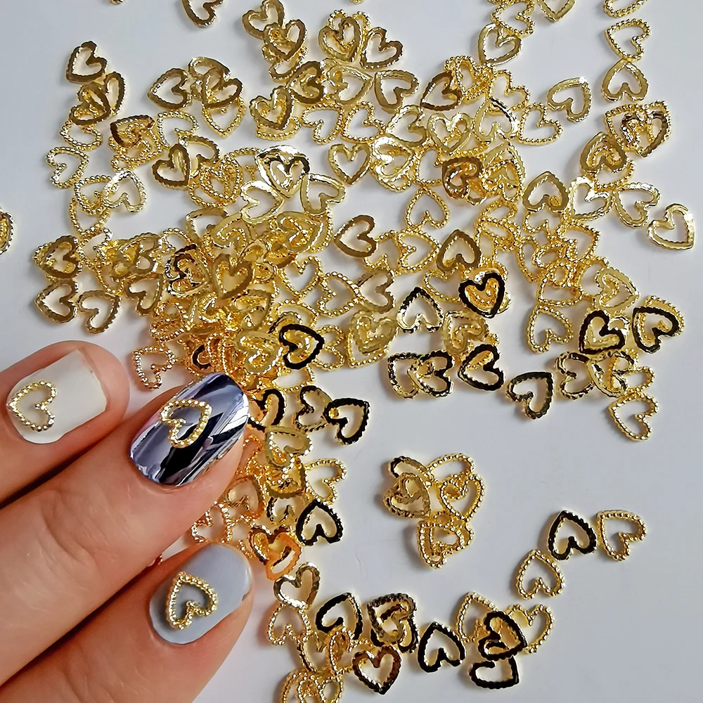 Breloques en alliage en forme de cœur pour Nail Art, 30 pièces, Champagne or argent, clous en métal, accessoires de décoration d'ongles à faire soi-même
