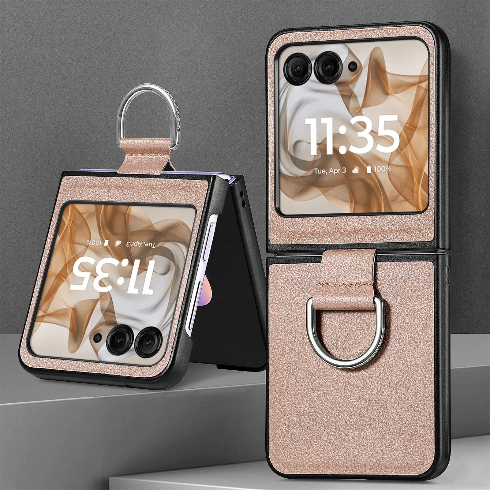 Lychee Pattern PU Leather Folding Phone Case with Ring Holder