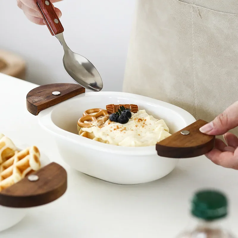 Acacia Wood Salad Bowl, Oval Ceramic Plate, Single-Serve Tableware, Fruit Bowl for Home, Exquisite Kitchen Tableware
