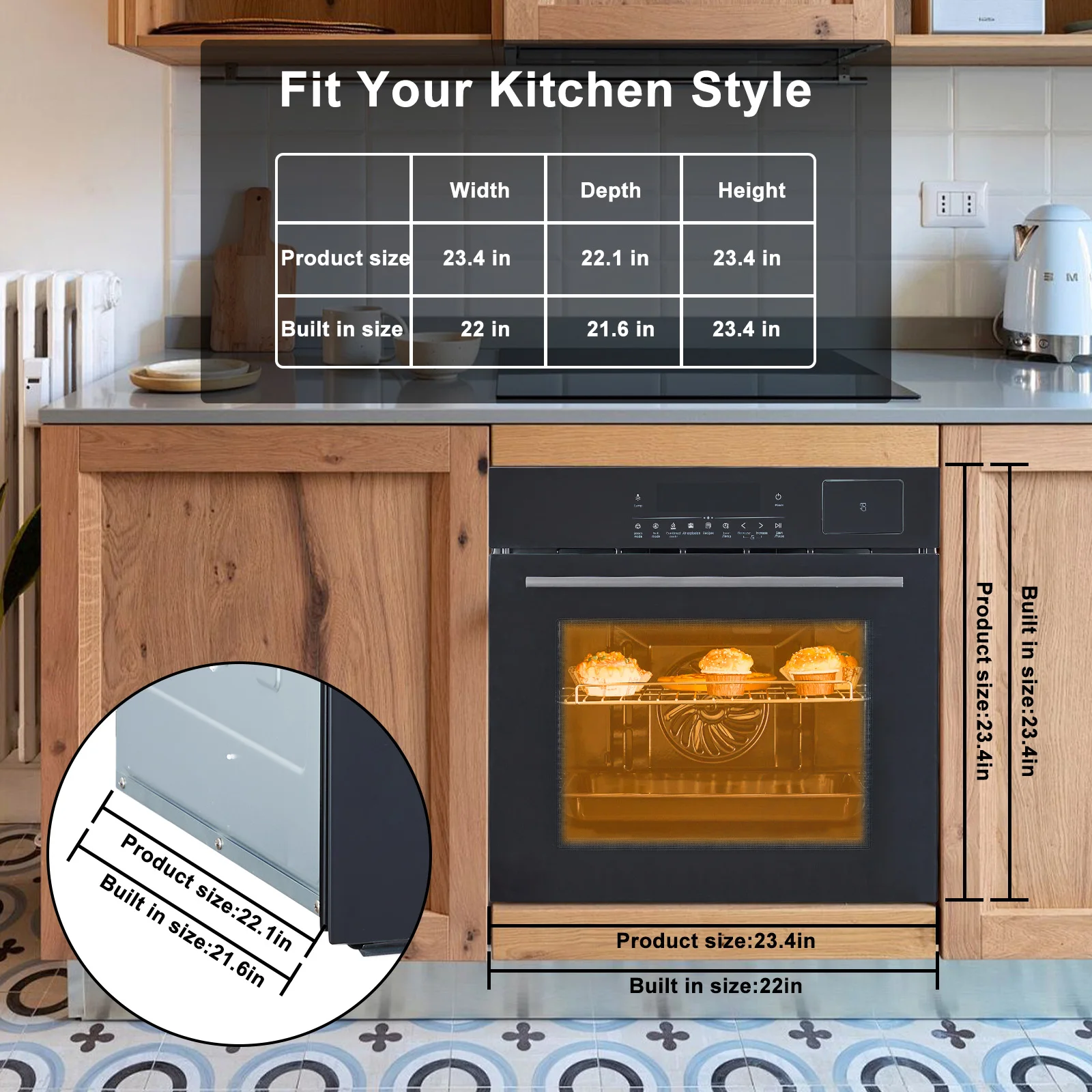 24" Electric Single Wall Oven, 2.5Cu.ft with 8 Baking Modes, 70L Electric Convection Oven, with Air Frying Function, 3000w