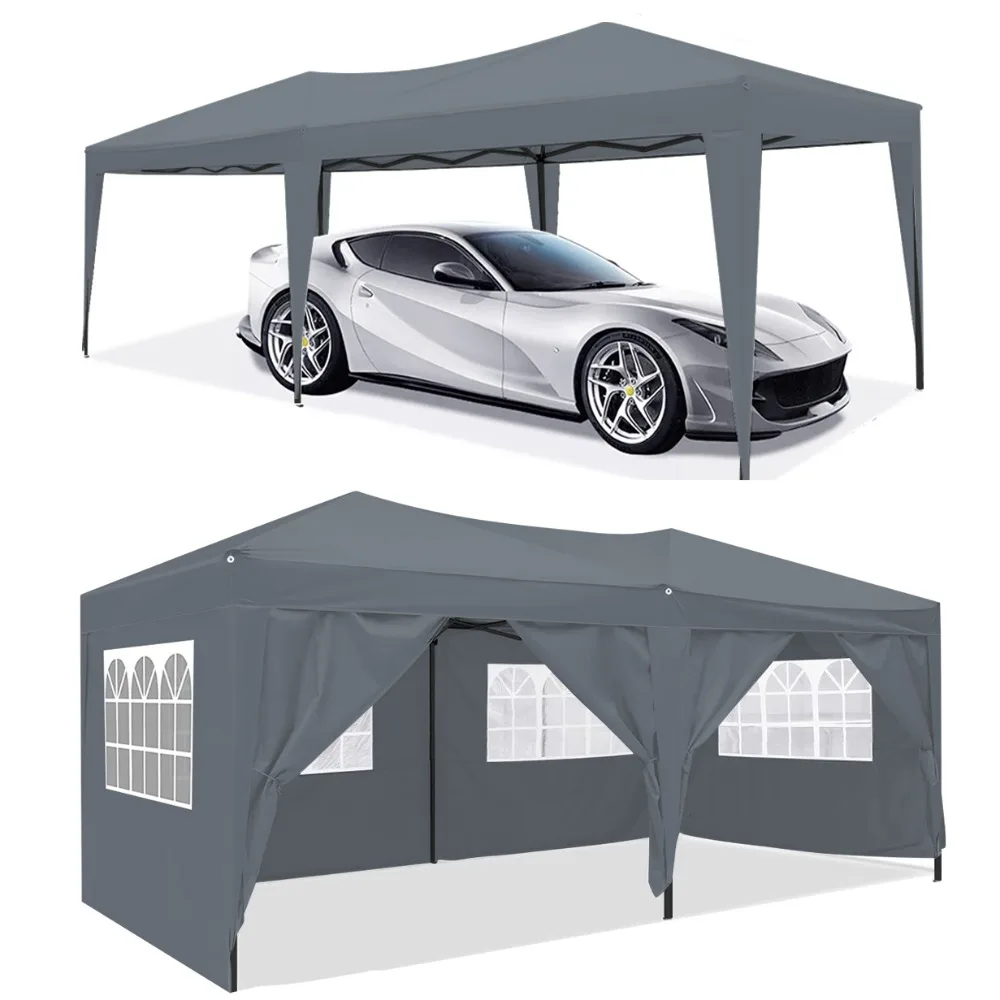 

10x20Ft Heavy Duty Garage Steel Awning Canopy Pop Up Gazebo Marquee Party Wedding Event Tent with 6 Removable Sidewalls Grey