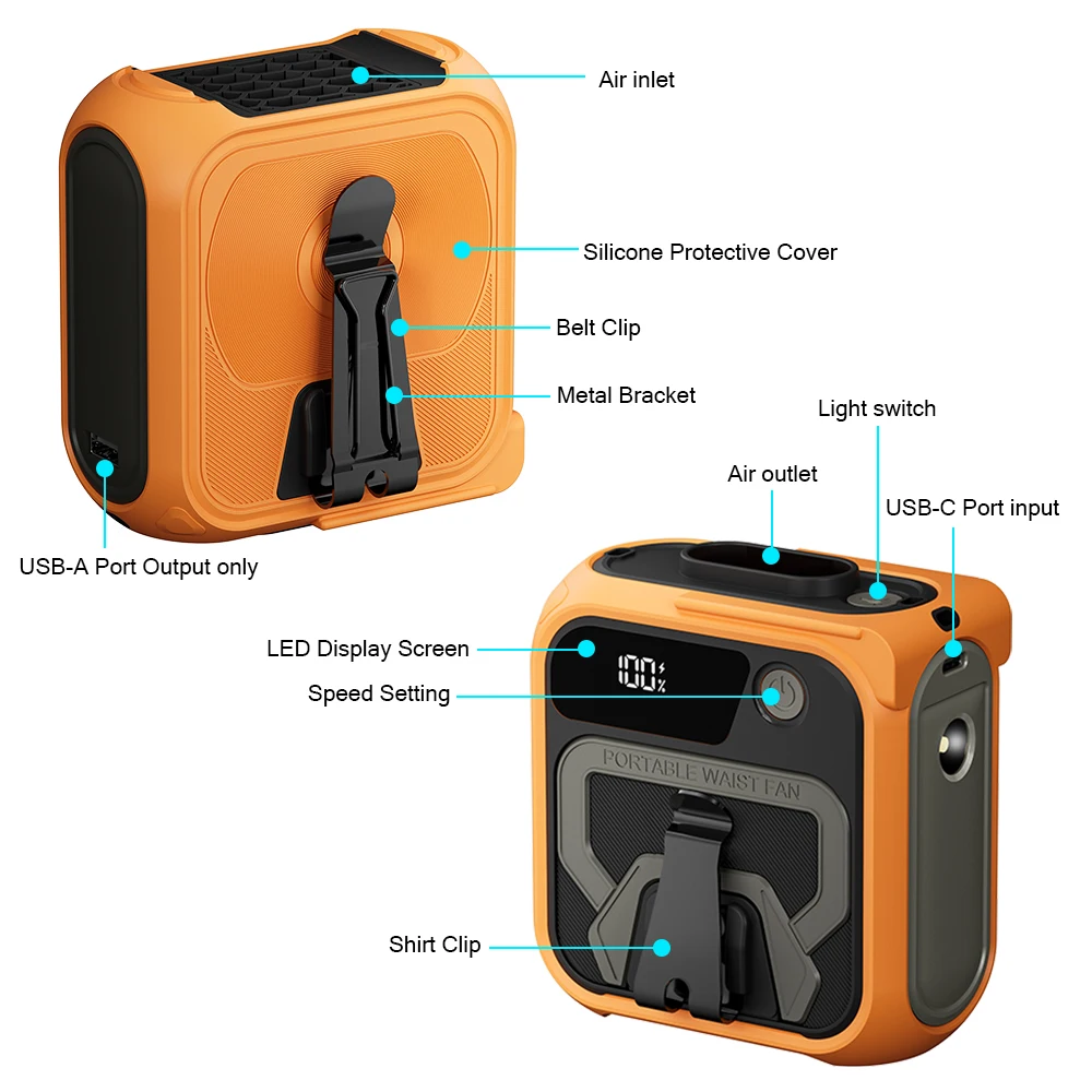 Deelife 10000mAh Wearable Fan Portable Mini Waist Fan 5 Speed USB Rechargeable Waist Clip Emergency Mobile Power for Outdoor