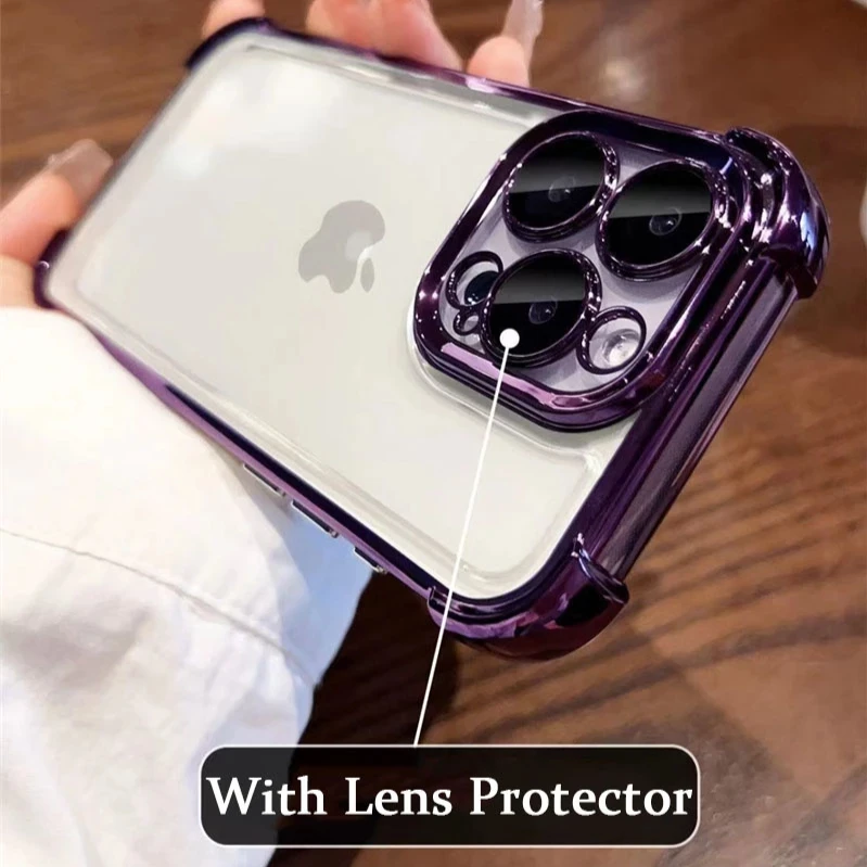 Luxury Plating Shockproof Silicone Phone Case with Lens Protection and Transparent Back Cover