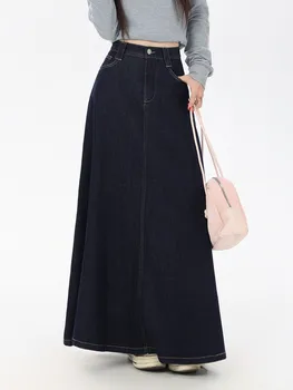 Women's Vintage A-Line Denim Long Skirts, Casual High Waist Jean Skirt, Blue, All-Match, Korean Fashion, 2021 1