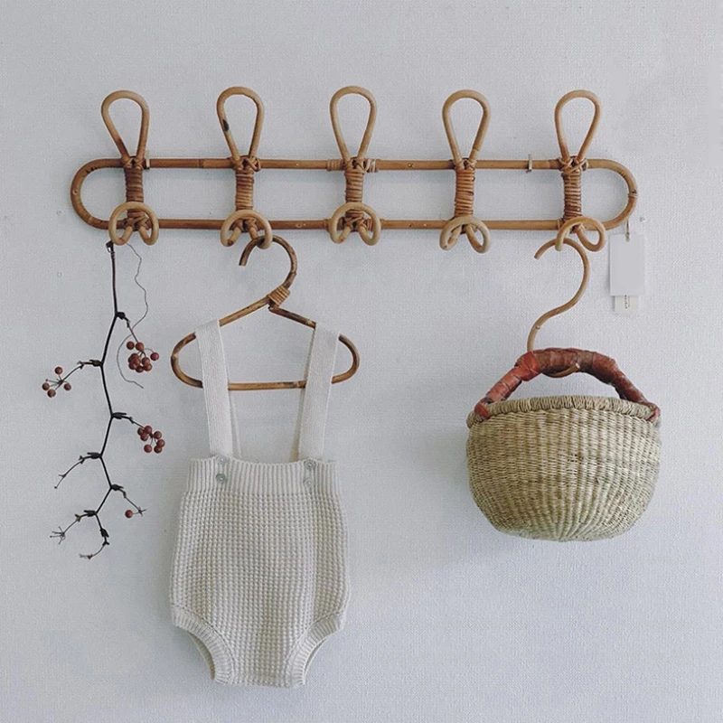 New Chinese Handmade Ins Indonesian Natural Rattan Coat Hook Clothes Rack  Retro Long Wall-mounted Key Holder Wall Home Decore