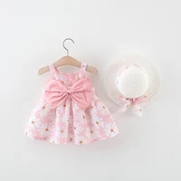 Summer Baby Girl Dress With Small Daisy Print Bow Strap Dress Girl Beach Princess Dress With Hat 1