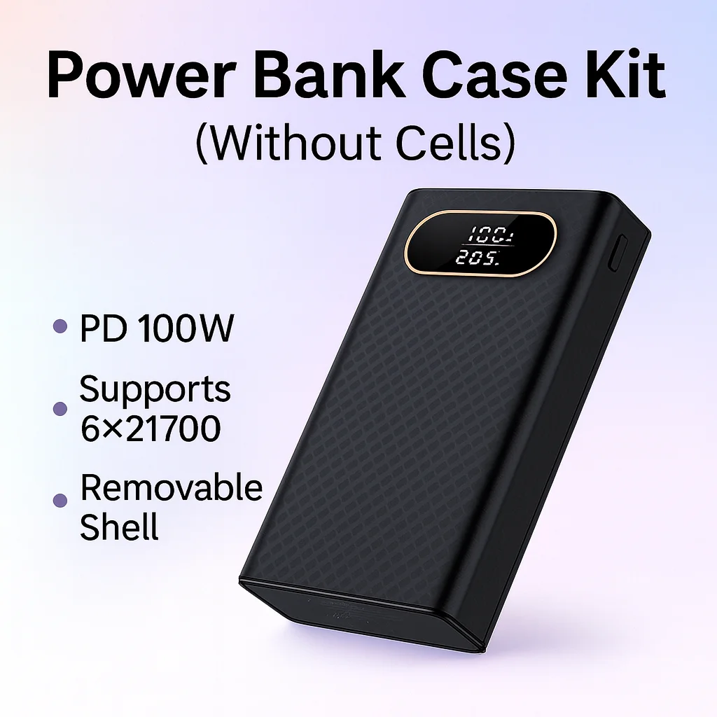 21700 배터리 팩 케이스 디스플레이 화면 포함 - 100W PD 출력, 도구 없이 조립, 다중 기기 고속 충전 탈착식 쉘