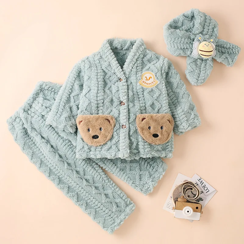 

Autumn and Winter Children's Flannel Homewear Pajamas Suit Boys Girls Children Coral Fleece Fleece-lined Thickened Pajamas