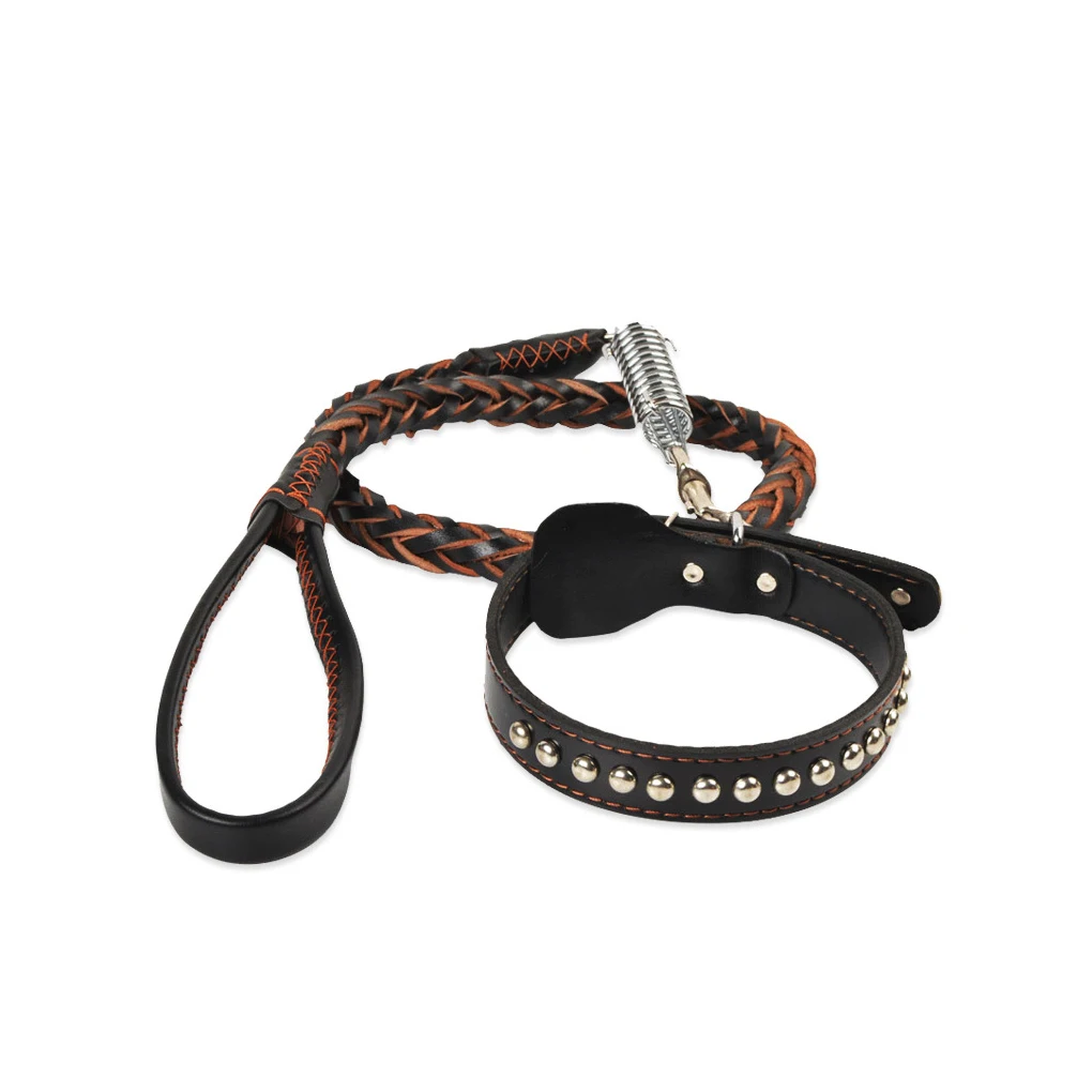 

Leather Pet Collar Portable Replacement Adjustable Universal Smooth Plated PU Handle Pets Leash Choker Walking Tool