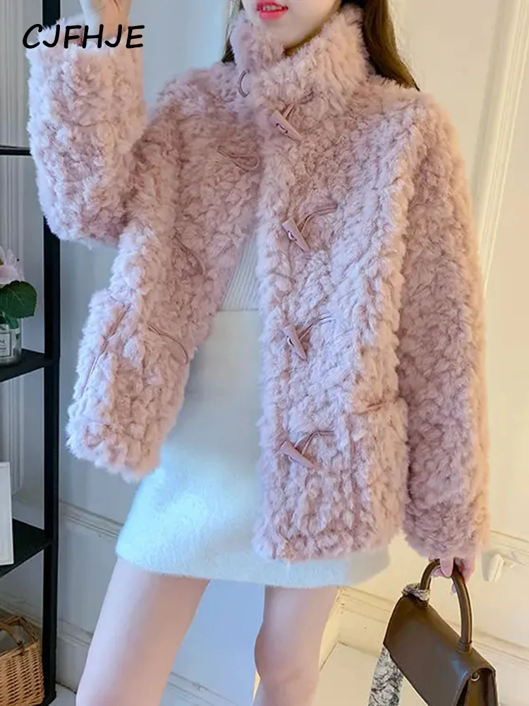 CJFHJE Casual Blue New Winter Lamb Cashmere Coats Women Loose Stand Collar Pink Outerwear Solid Color Thickened Faux Fur Jackets