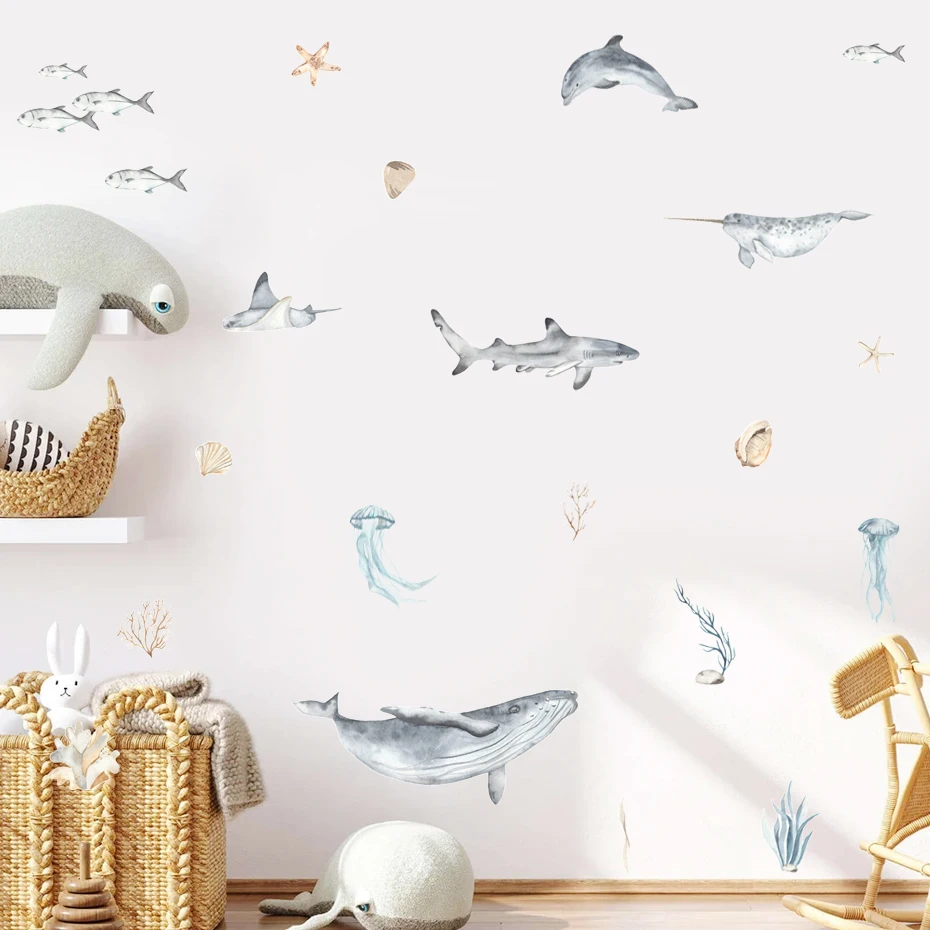 Watercolor Cartoon Sharks Wall Decals Ocean Animal Wall Sticker Under The Sea Marine Life Theme Decals Nursery Kids Room Decor wall stickers luminous wall stickers vinyl decal stickers
