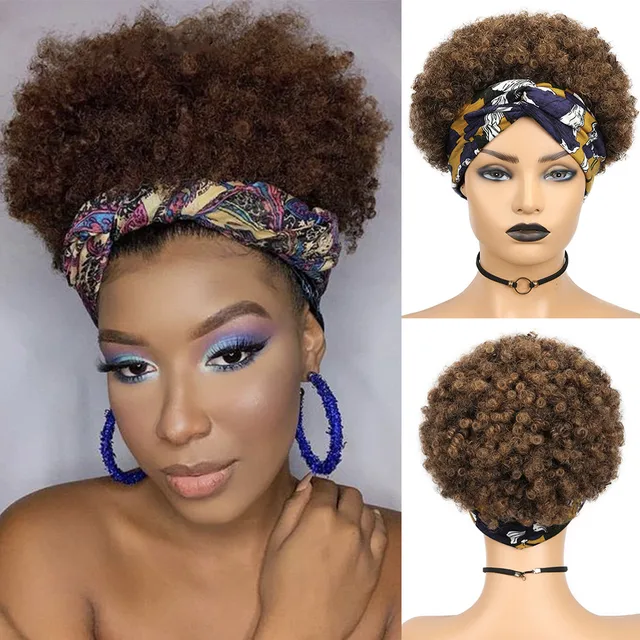 Afro Puff Curly Wig Short Headband Curly Wig Head Wrap Wig Brazilian Human Hair Wigs for