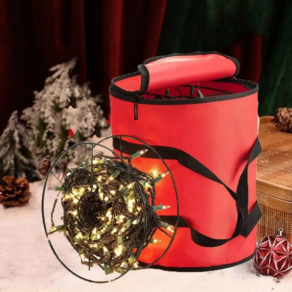 Red Christmas String Lights Storage Bag Round Large Capacity Christmas Storage Bag Waterproof with Handle Light