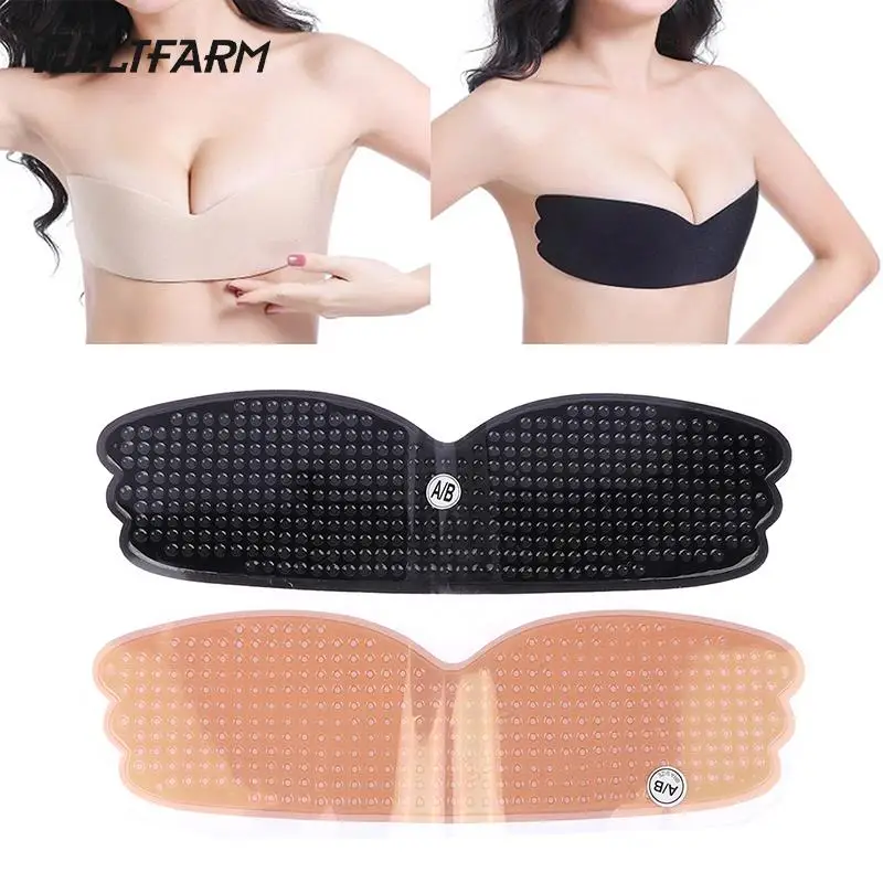 Women Self Adhesive Strapless Bra Blackless Solid Color Bra Stick Gel Silicone Push Up Women