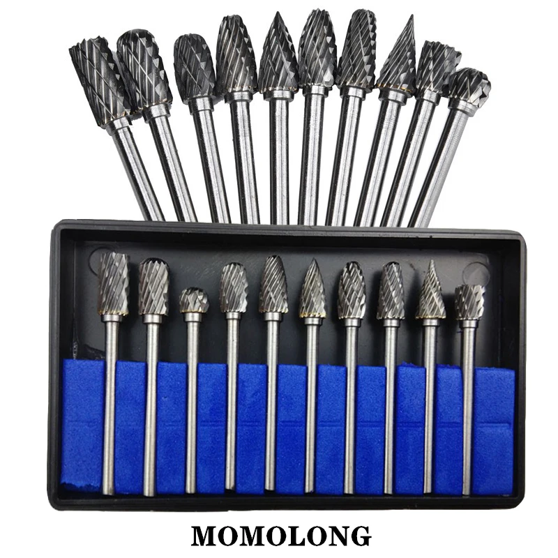 10PCS Tungsten Carbide Milling Cutter Rotary Hss Steel Cone Drill Set Diamond Drill 1/8