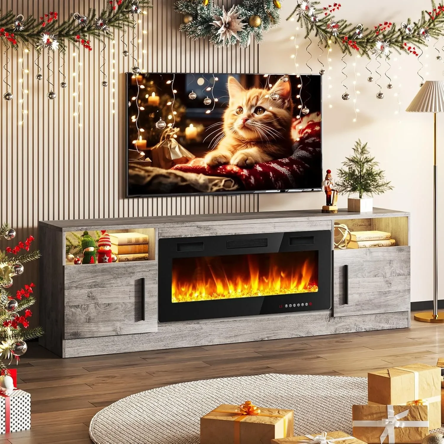Fireplace TV Stand Entertainment Center w/ 36" Fireplace, 70" Wooden TV Stand,16 Colors LED Lights (Grey)
