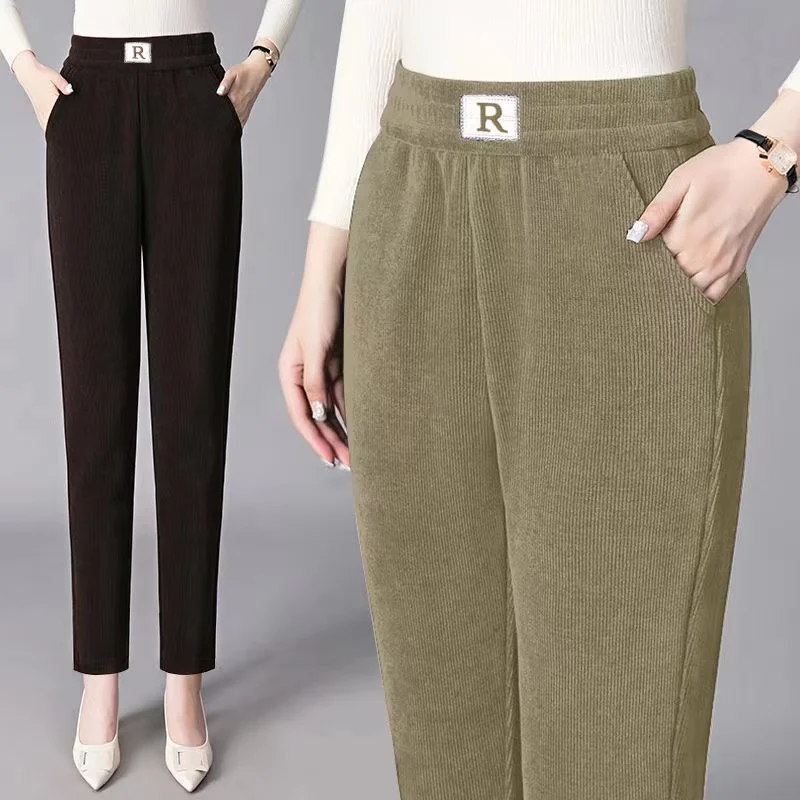 

2023 New Autumn Winter Women's Pants Large Size Casual Mother Harlan Pants Elastic Waist Female Corduroy Straight Trousers 5XL