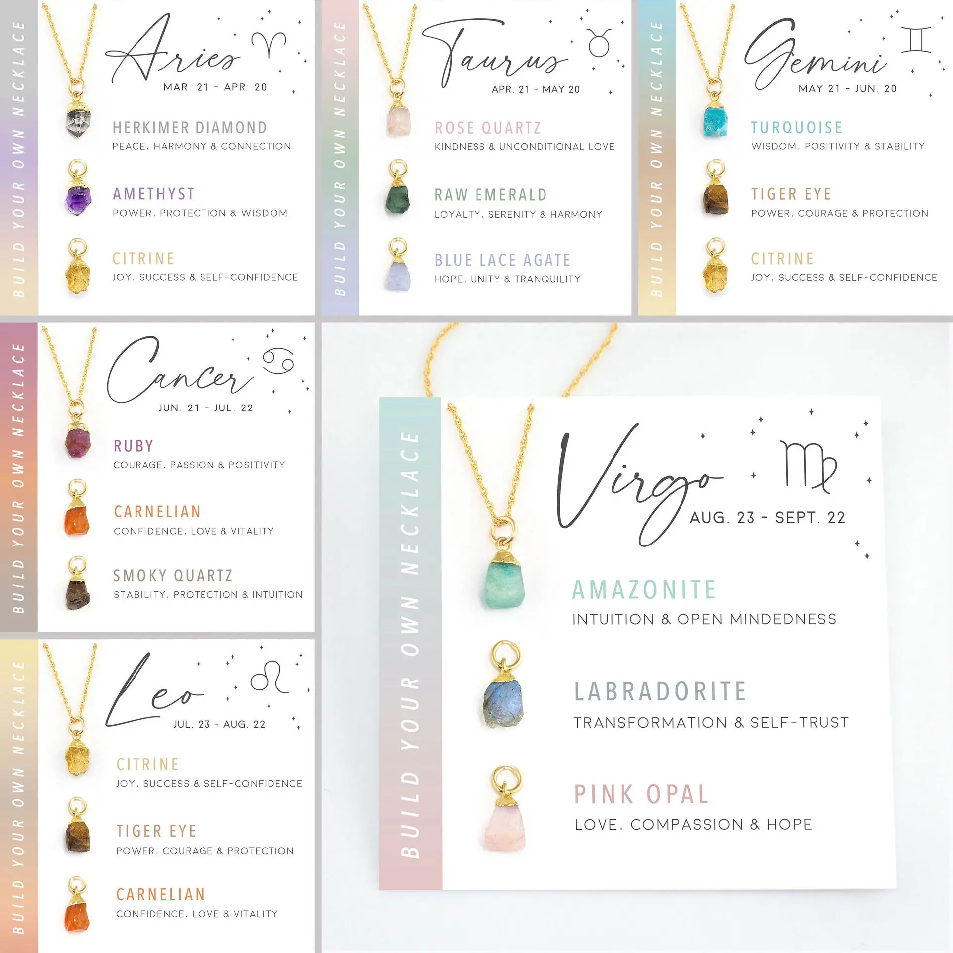

Stainless Steel Natural Stone Crystal Card Necklace Set for Women 12 Zodiac Necklace Personalized Birthstone Jewelry Gift