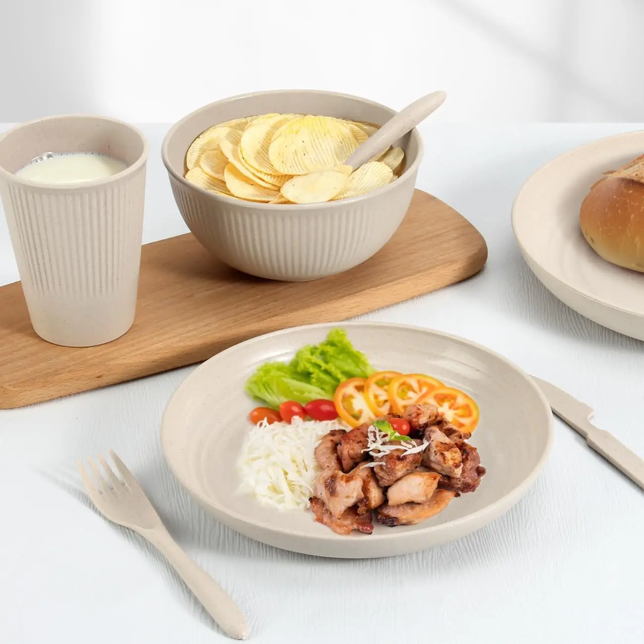 Stackable, colorful dinnerware neatly stored