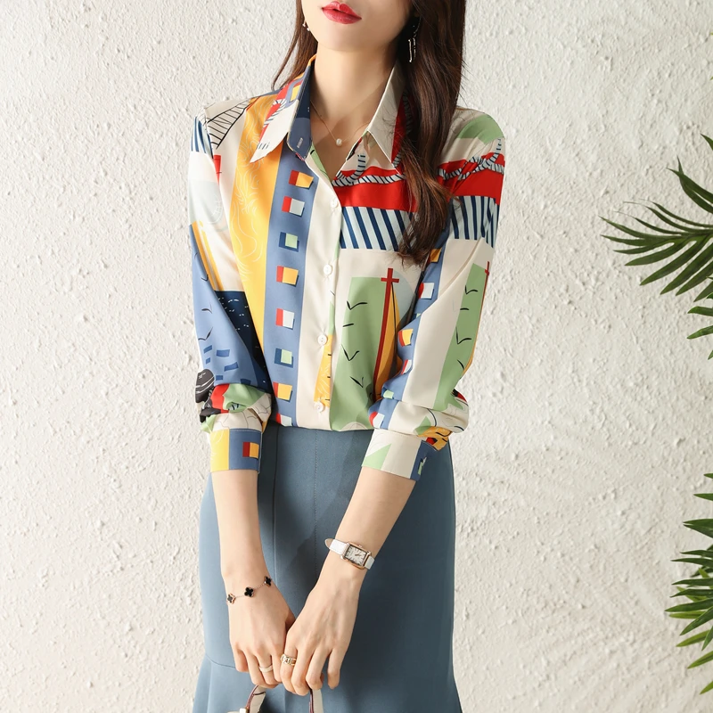 Autumn New Vintage Chic Office Lady Chiffon Shirts Women Clothing French All-match Loose Casual Tops Fashion Printed Blouse - Image 2