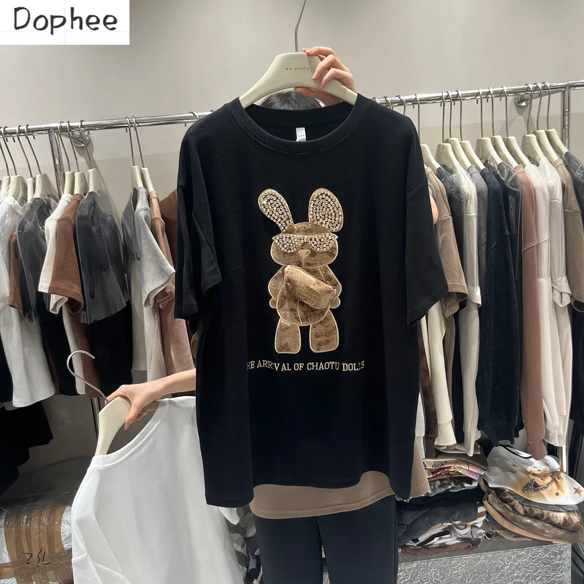 

Thicken Sanding Autumn Winter Women Tshirt 2023 New Cartoon Bunny Diamonds Pullover Top O-neck Mid-long Short Sleeve Casual Tees