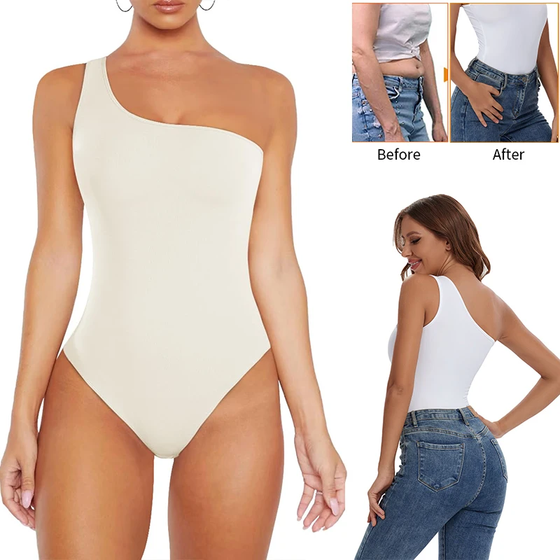 

One Shoulder Bodysuit Women Shapwear Tummy Control Body Shaper Sexy Clubwear One Piece Overalls Female White Skinny Playsuit