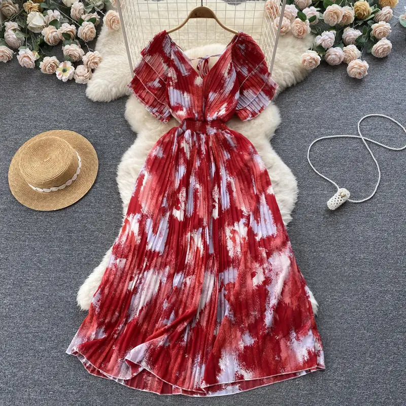 

New Women Elegant Print Long Dress Summer Bubble Short Sleeve Sexy V-neck Holiday Party Dresses Tie-dyed Beach Dress