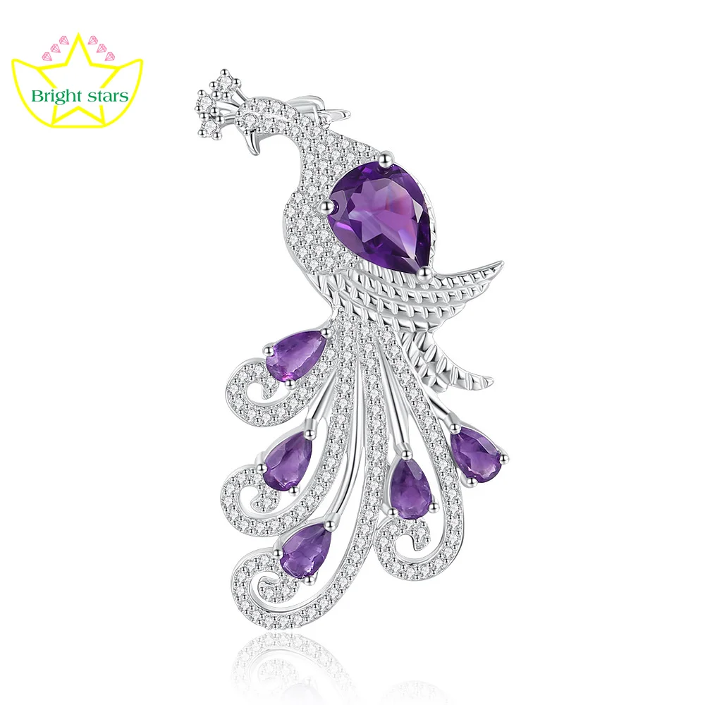 

Bright Stars new design luxury niche s925 Sterling silver amethyst Peacock brooch accessories corsage for women