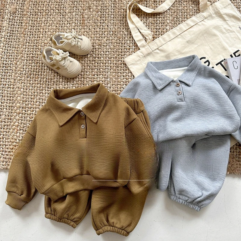 

2023 Children Clothes Set Solid Waffle Loose Pants Suit Turn Down Collar Shirt Kids Boys Girls Outfit Plush Retro Unisex Sets