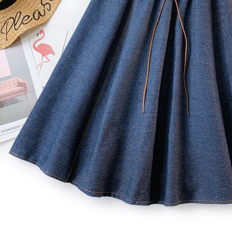 PEONFLY Autumn Winter Fashion Women Skirt Solid Color Lace-up High Waist Denim Skirt Retro Pleated Midi Denim Flared Skirts crop top with skirt