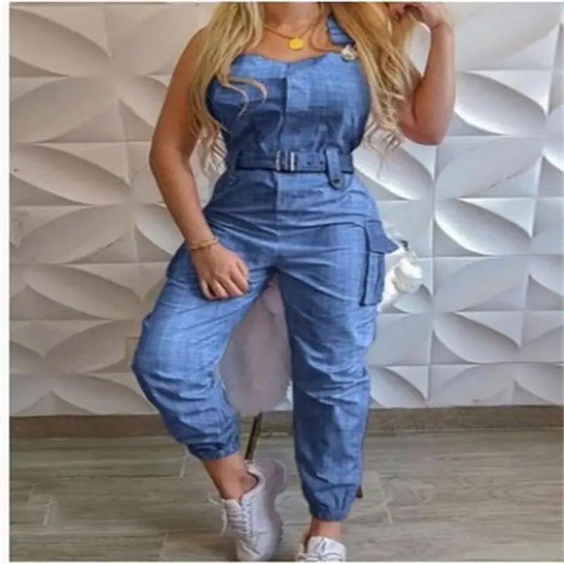 Women's Workwear Pocket Design Jumpsuit Sleeveless Strap Pants Minimalist Leggings+Belt