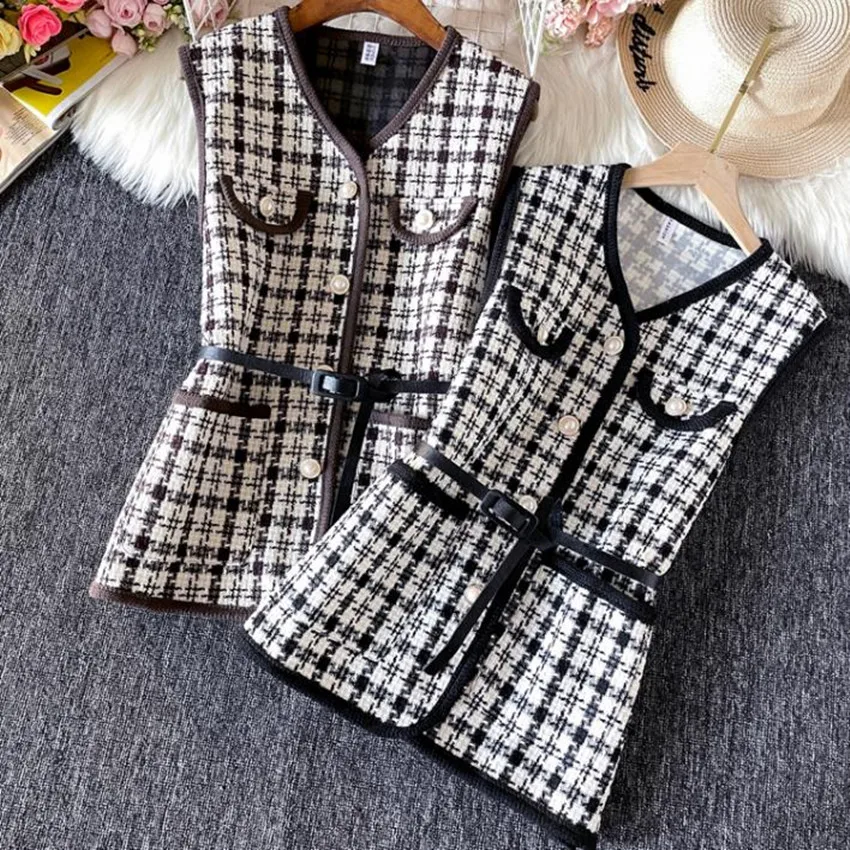 Womens CUSTOM MADE Golden Check Pattern Tweed Vest Gilet 