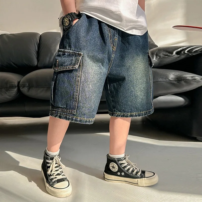 Kids Boys Cargo Denim Pants for Summer Dark Blue/Light Blue Big Pocket Loose Wide Leg Shorts Casual Children Short Pants A24607