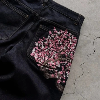 Y2K Baggy jeans Cherry Blossom Selvage Embroidery Denim Pants