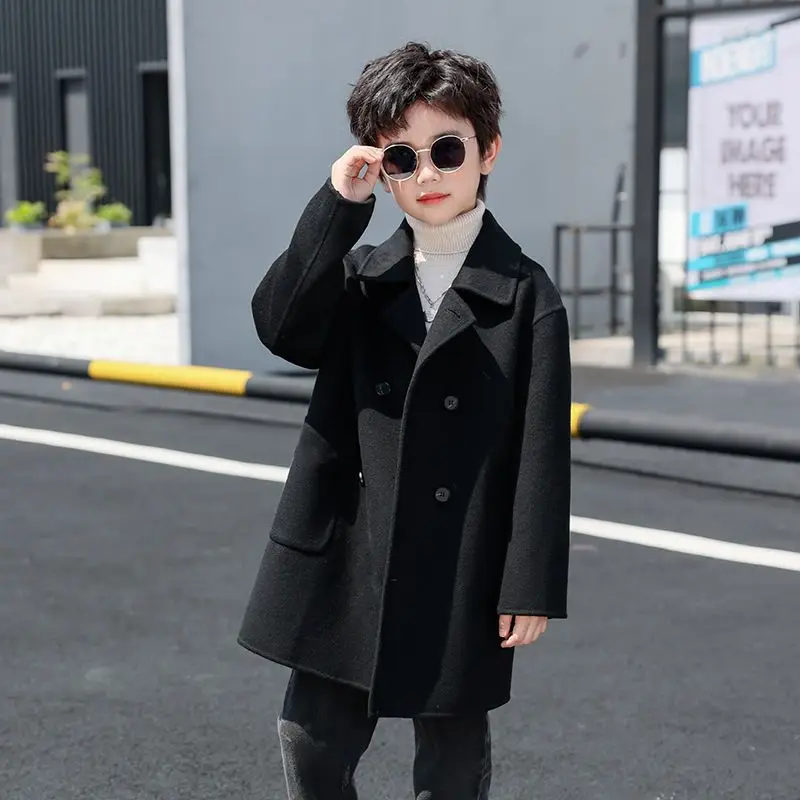 Thicken Autumn Winter Woolen Coat Children's Long Wool Double-breasted Jacket Boys Windbreaker Kids Winter Overcoat S93