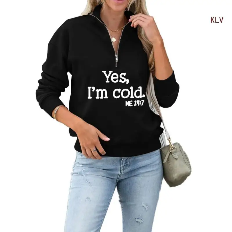 

Womens Letters Printed Funny Sweatshirt Long Sleeve Lapel Collar Casual Loose Quarter Zipper Pullover Top