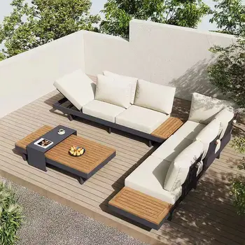 Set di Divani da Esterno in Stile Moderno con Telaio in Alluminio e Legno di Teak, Tessuto Impermeabile, Arredamento da Giardino