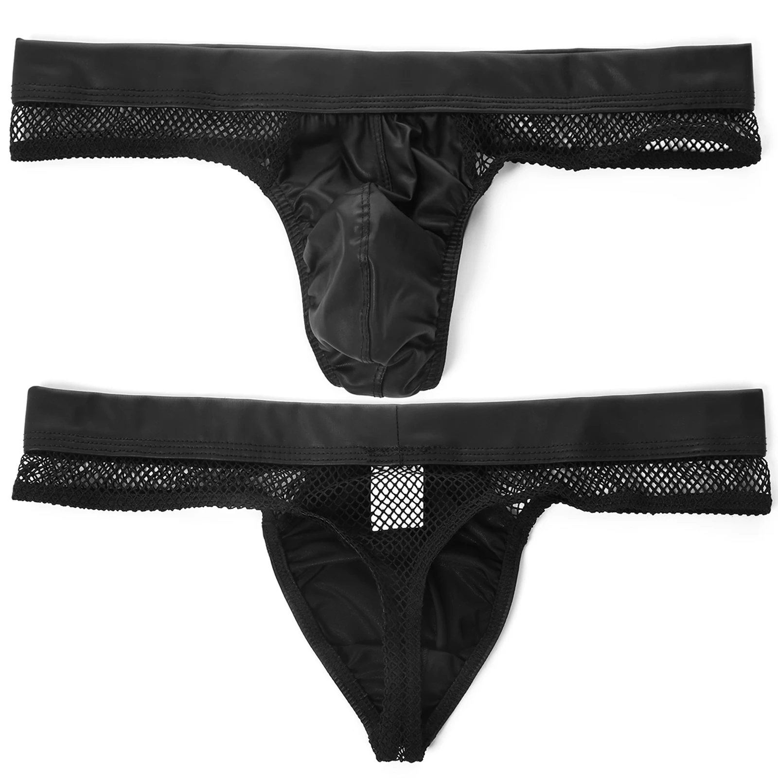 Men's Faux Leather Transparent G-String Hip-Baring Lingerie
