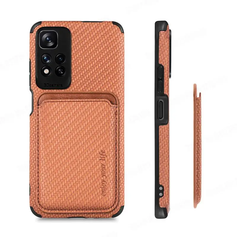 Magnetic Leather Wallet Case with Carbon Fiber Design