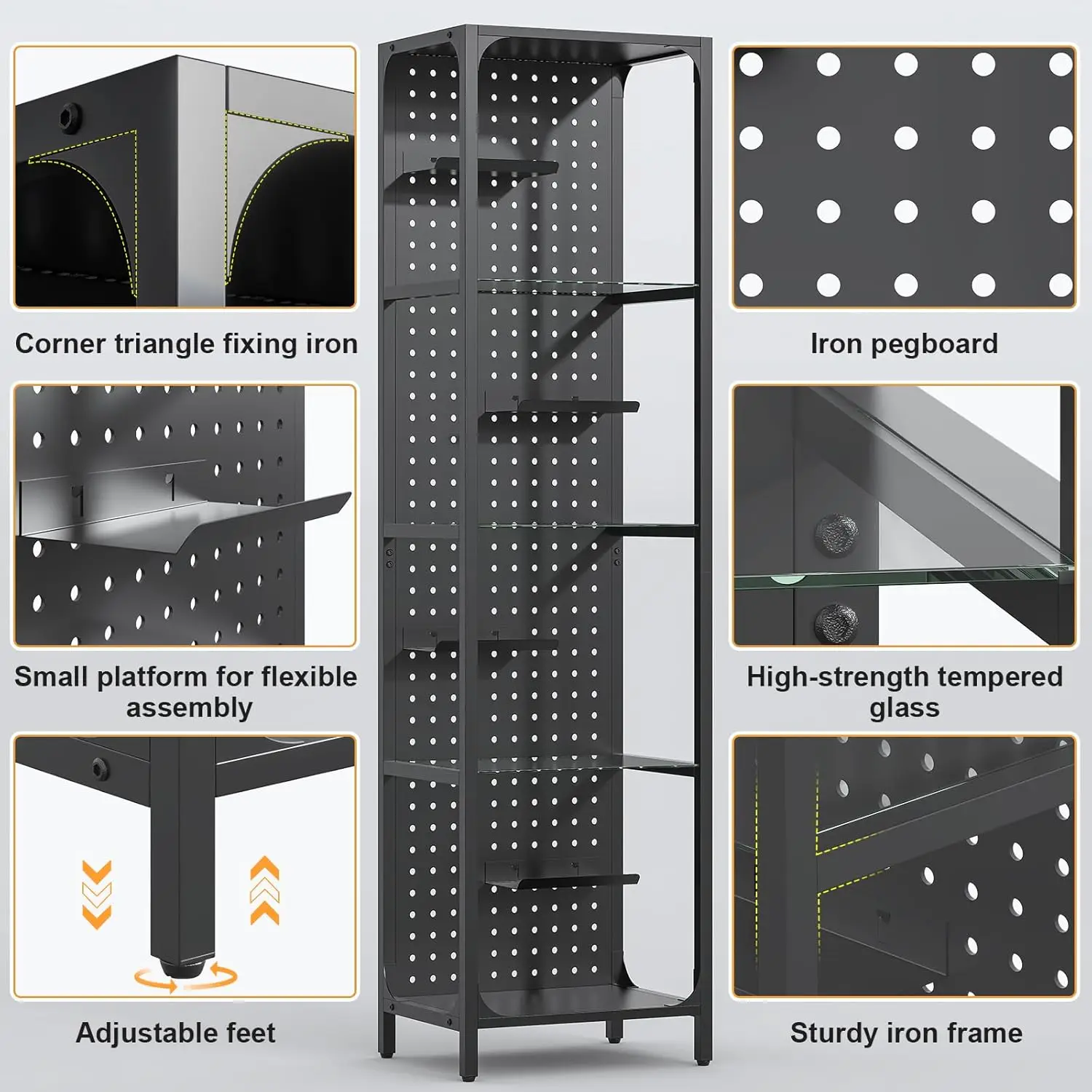 LED Black Curio Cabinet, Lighted Tall Narrow Pegboard Steel Frame for Gaming Room, Floor Lamp With Shelf, Living Room