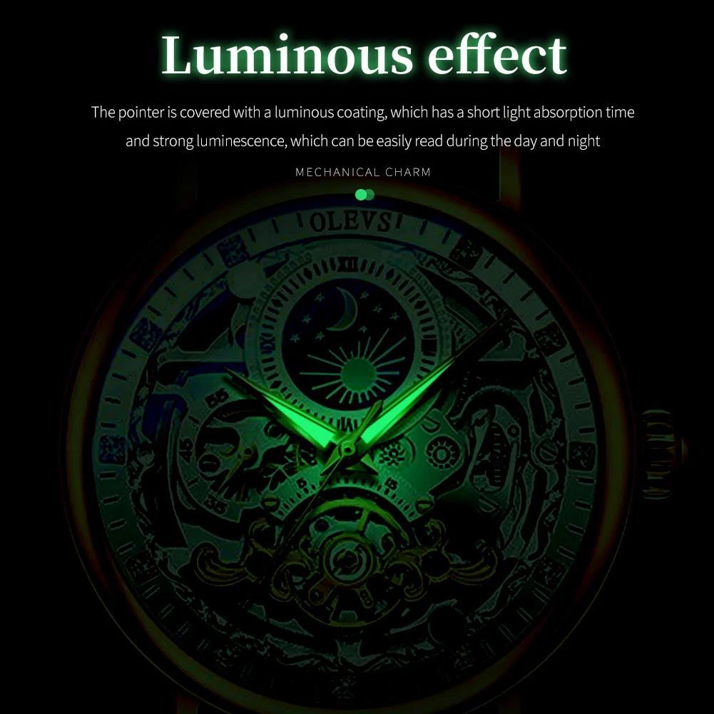 OLEVS Top Brand Luxury Mechanical Watch Men Leather Waterproof Moon Phase Automatic Wristatches Man Clock with Luminous Hands