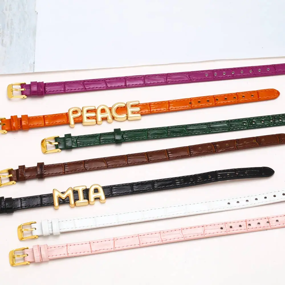 Gold Plated A-Z Letter DIY Name Bracelets Women Colorful Genuine Leather Belt Band Initial Bracelets Copper Jewelry