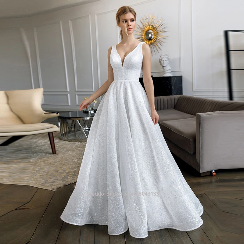 

TIXLEAR White V-Neck Wedding Dresses Shiny Backless Long Bridal Gowns A-Line 2023 vestidos de novia Elegant vestidos de novia