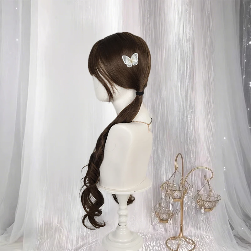 LUPU Lolita Hazelnut Grey Brown Long Curled Hair Sweet and Cute Double Ponytail Long Curled Hair Lolita Simulated Hair JK Wig