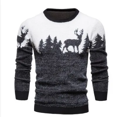 2023 Men's Snowy Deer Christmas Tree Crew Neck Pullover Sweater - Thermal Holiday Sweater for Men