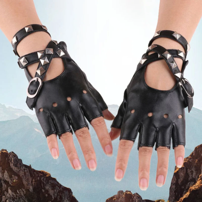 

Unisex Fingerless Driving PU Leather Gloves Motor Cool Rivet Sexy Disco Dancing Rock And Roll Black Red White Punk Glove