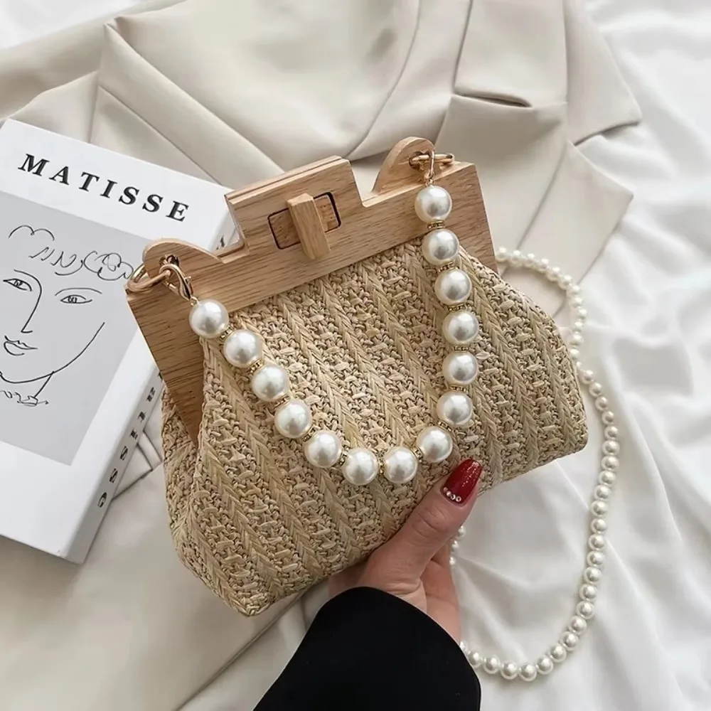 Nice Pearl Chain Straw Bag Women Hand-Woven Handbags Women Summer Wooden Rattan Shoulder Bag Brand Luxury Crossbody Bag