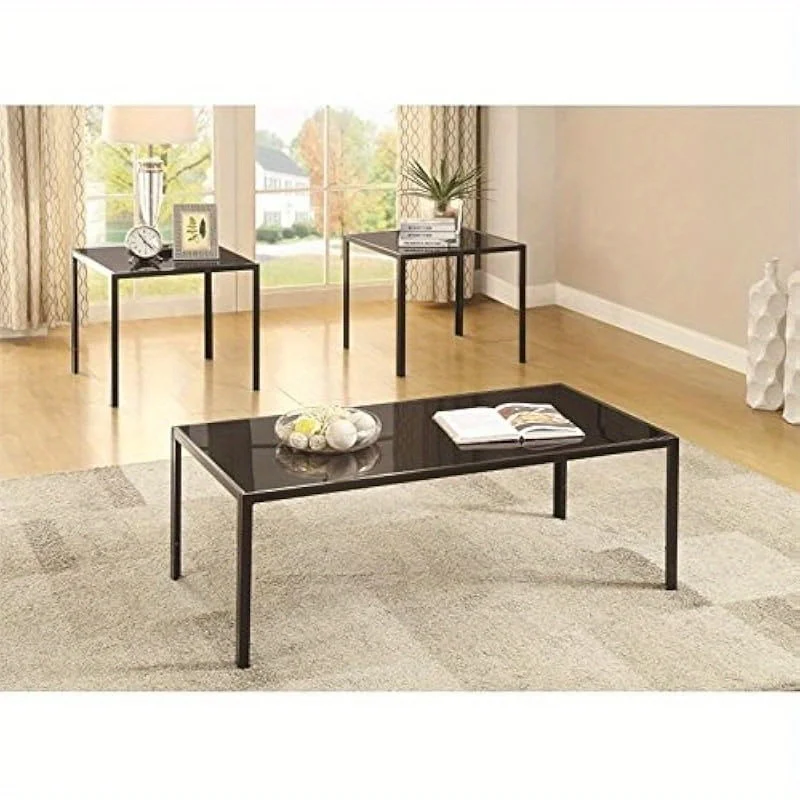 BOWERY HILL 3 Piece Glass Top Coffee Table Set in Black 2